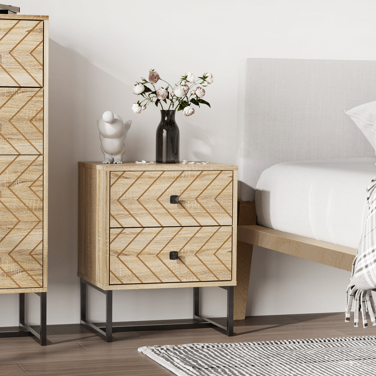 Wooden Bedside Cabinet 48cm Wide With 2 Drawers - Velmora