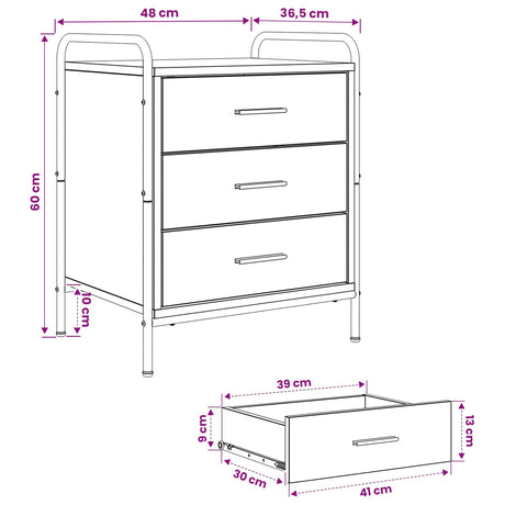 Wooden Bedside Cabinet 48cm Wide With 3 Drawers And Steel Frame - Vantage Home
