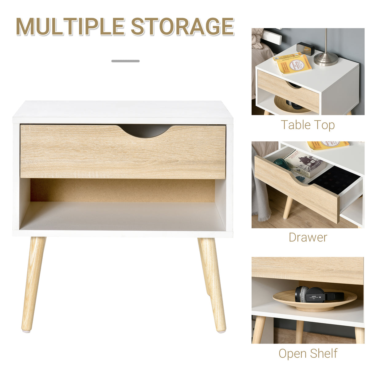 Wooden Bedside Cabinet 50cm Wide With 1 Drawer And Oak Legs - Velmora