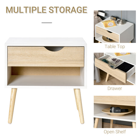 Wooden Bedside Cabinet 50cm Wide With 1 Drawer And Oak Legs - Velmora