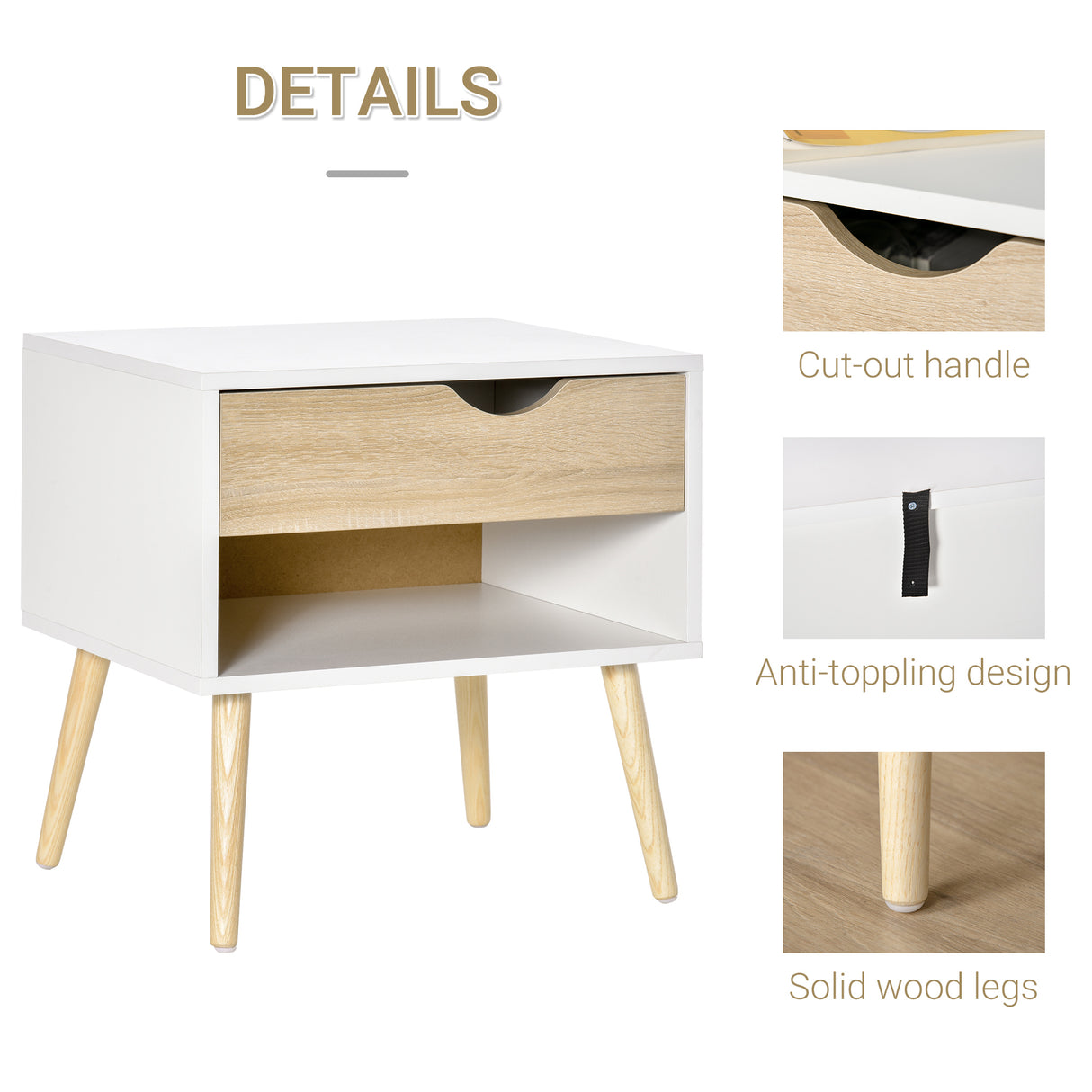 Wooden Bedside Cabinet 50cm Wide With 1 Drawer And Oak Legs - Velmora