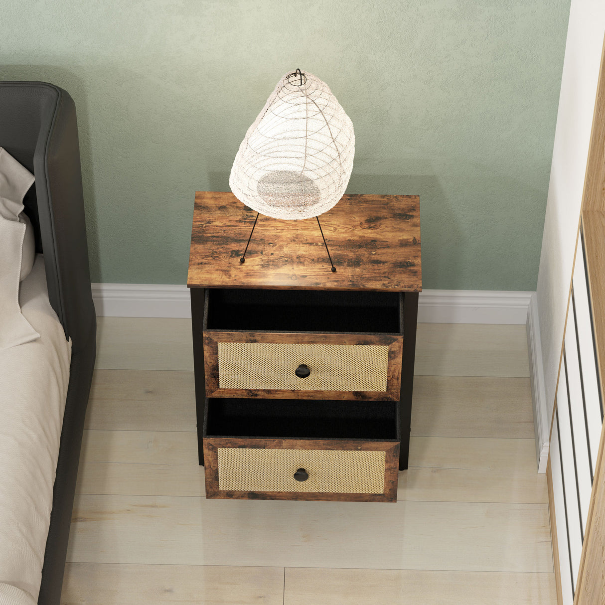 Wooden Bedside Cabinet 50cm Wide With 2 Drawers And Steel Frame - Velmora
