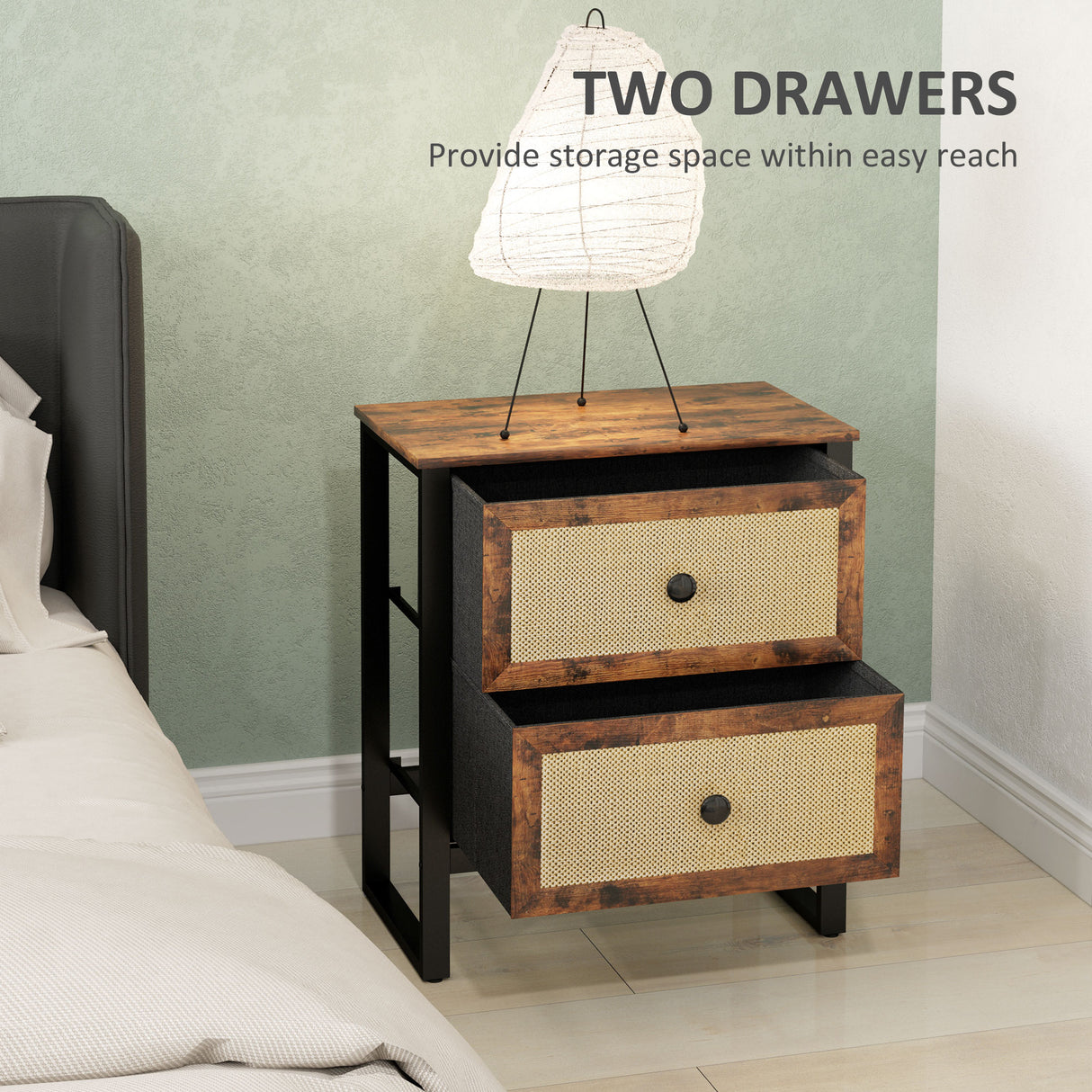 Wooden Bedside Cabinet 50cm Wide With 2 Drawers And Steel Frame - Velmora
