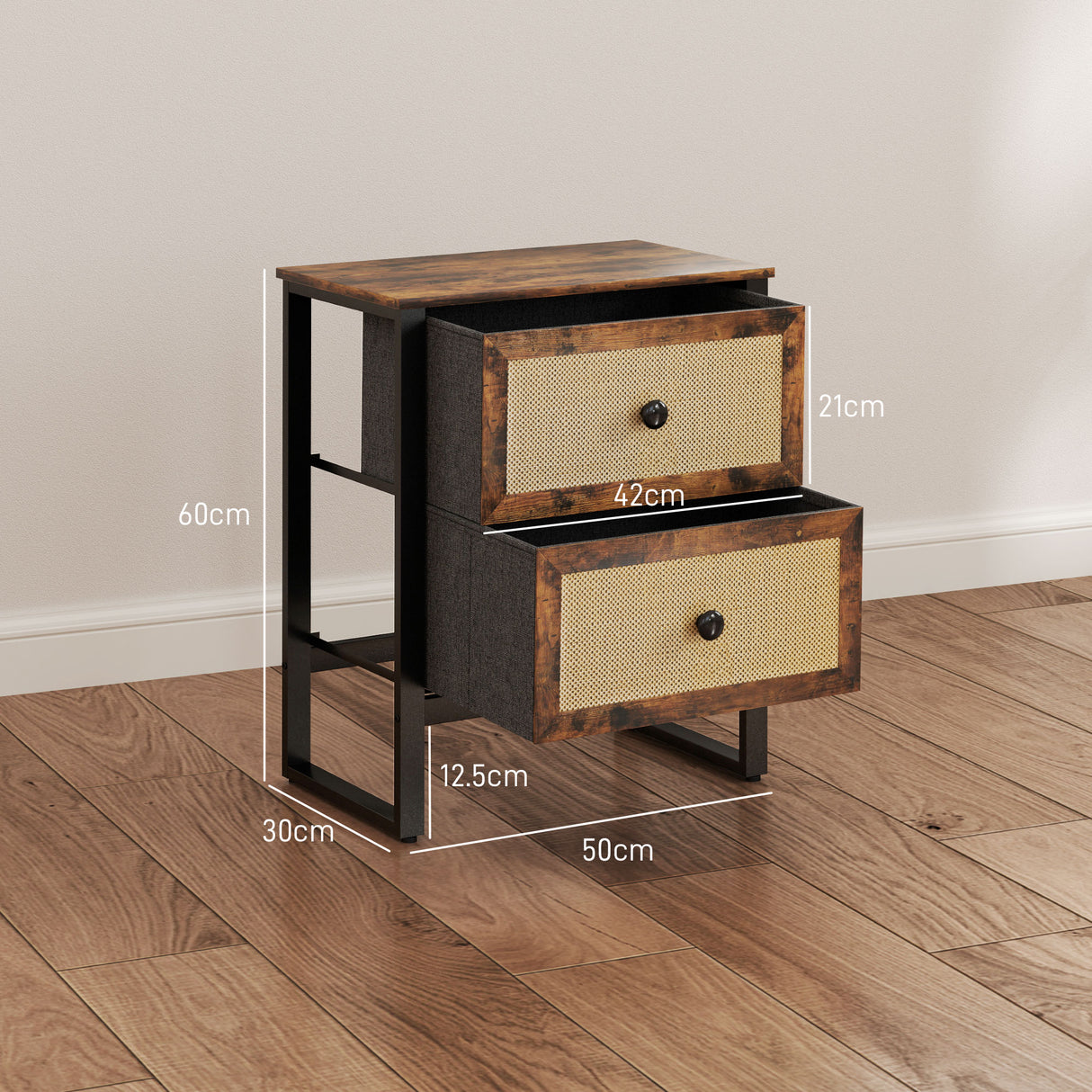 Wooden Bedside Cabinet 50cm Wide With 2 Drawers And Steel Frame - Velmora