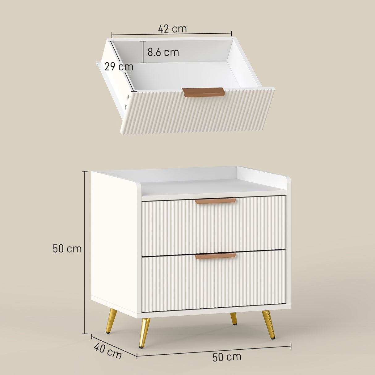 Wooden Bedside Cabinet 50cm Wide With 2 Drawers - Velmora