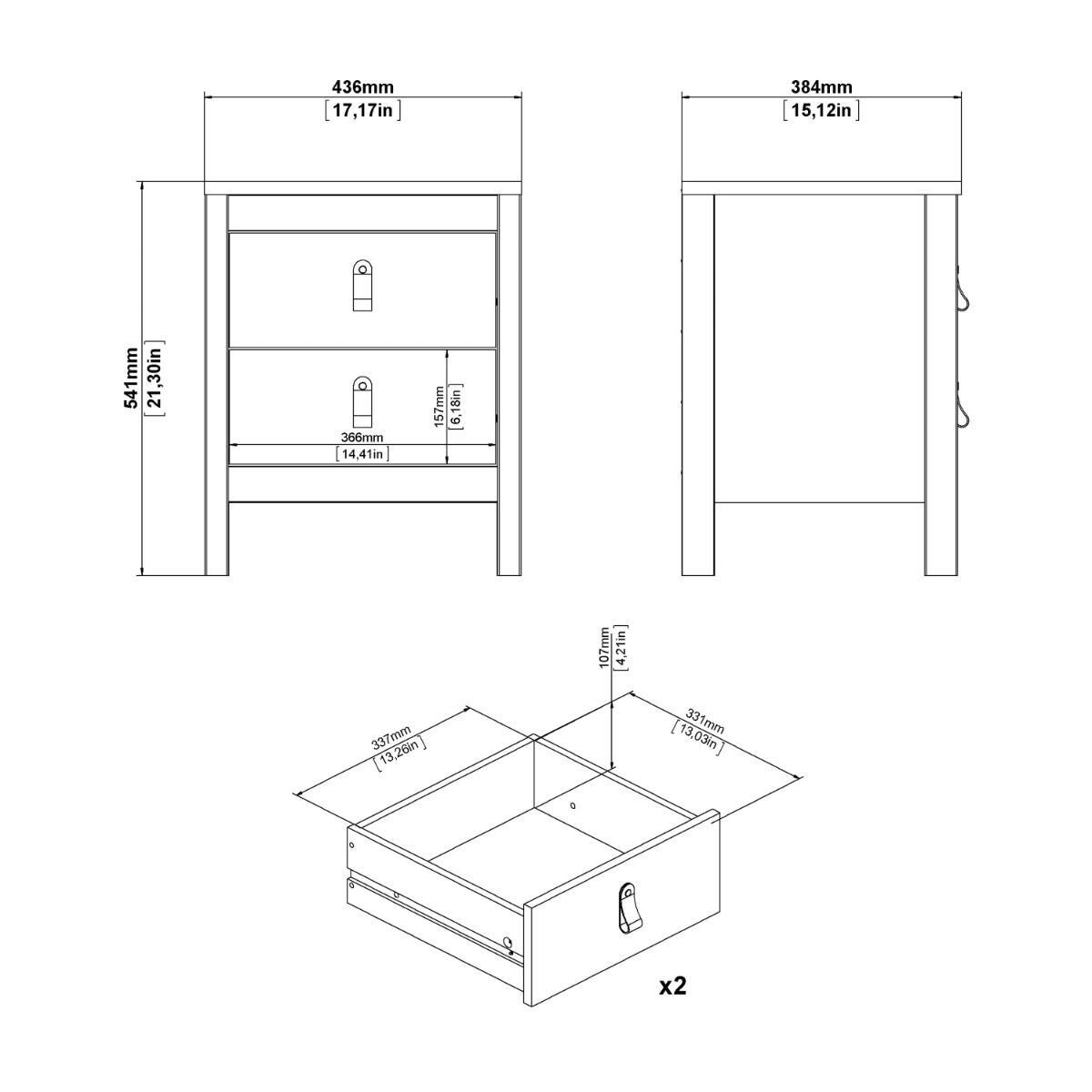 Wooden Bedside Cabinet With 2 Drawers - Barcelona
