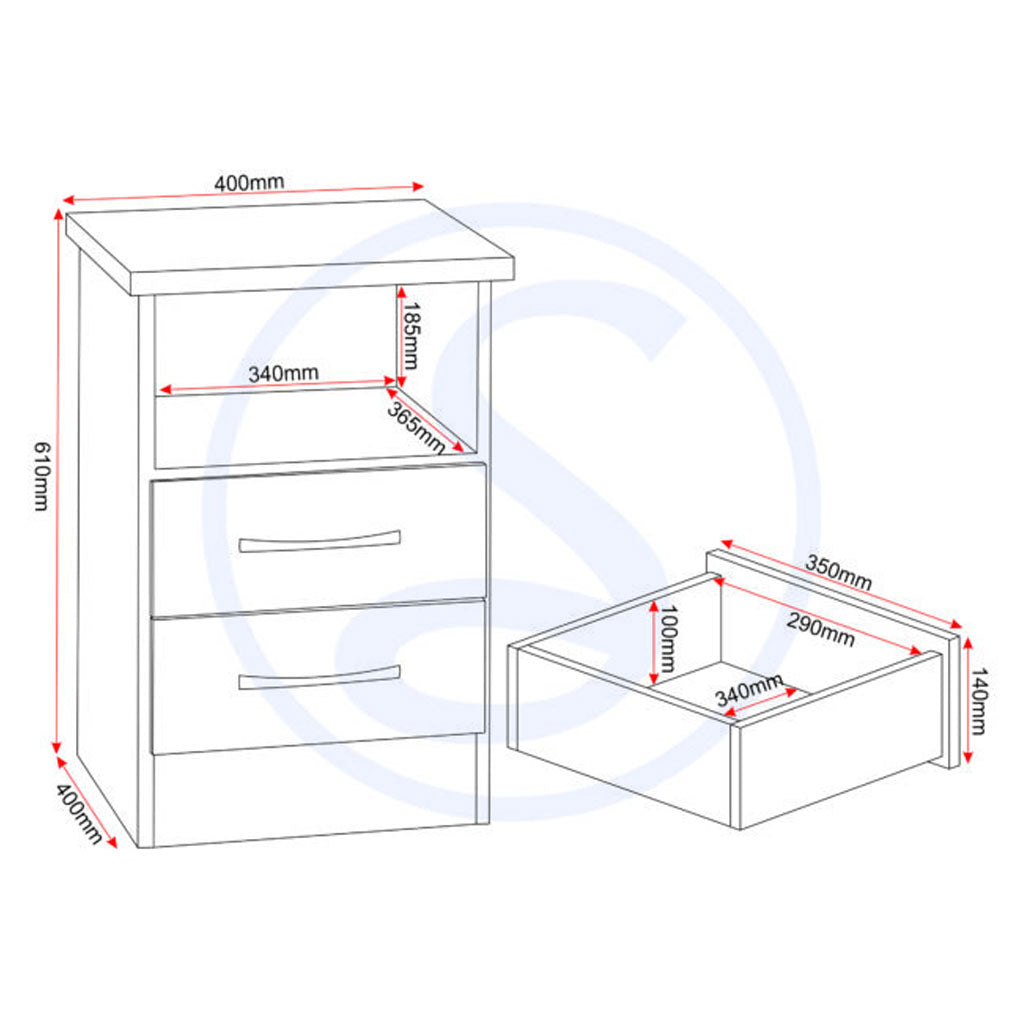 Wooden Bedside Cabinet With 2 Drawers - Nevada