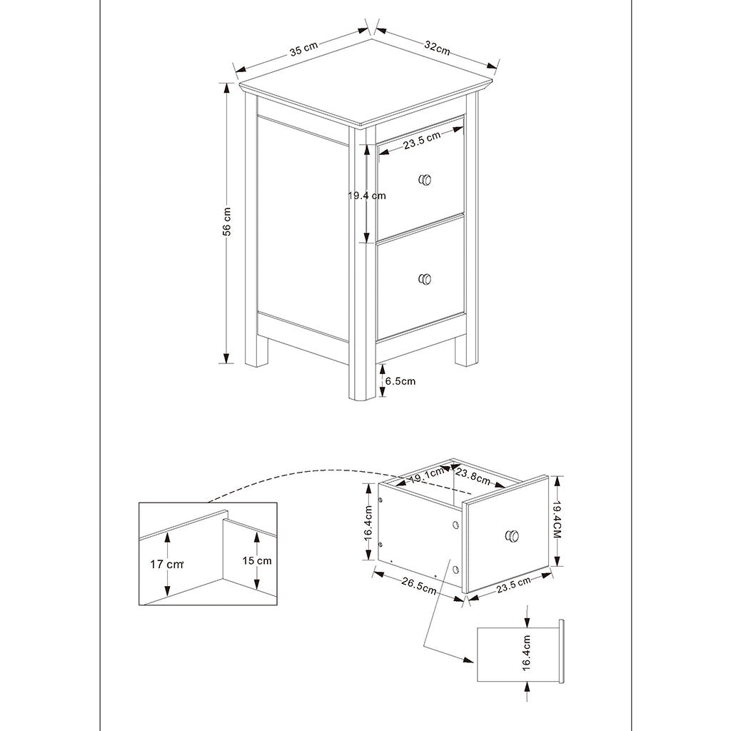 Wooden Bedside Cabinet With 2 Drawers Tall - Nairn