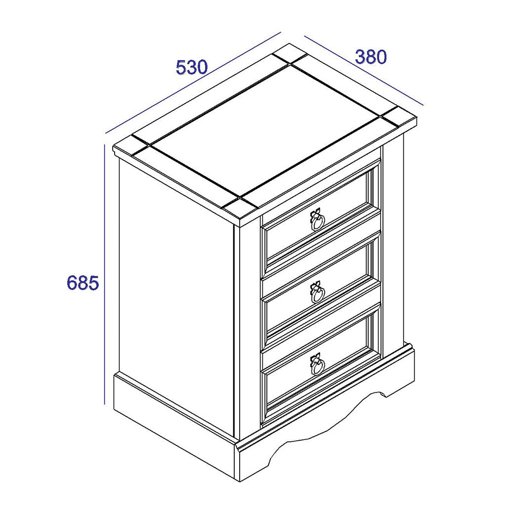 Wooden Bedside Cabinet 53cm Wide With 3 Drawers - Corona