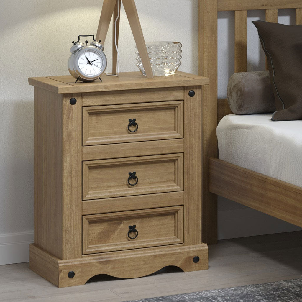 Wooden Bedside Cabinet 53cm Wide With 3 Drawers - Corona