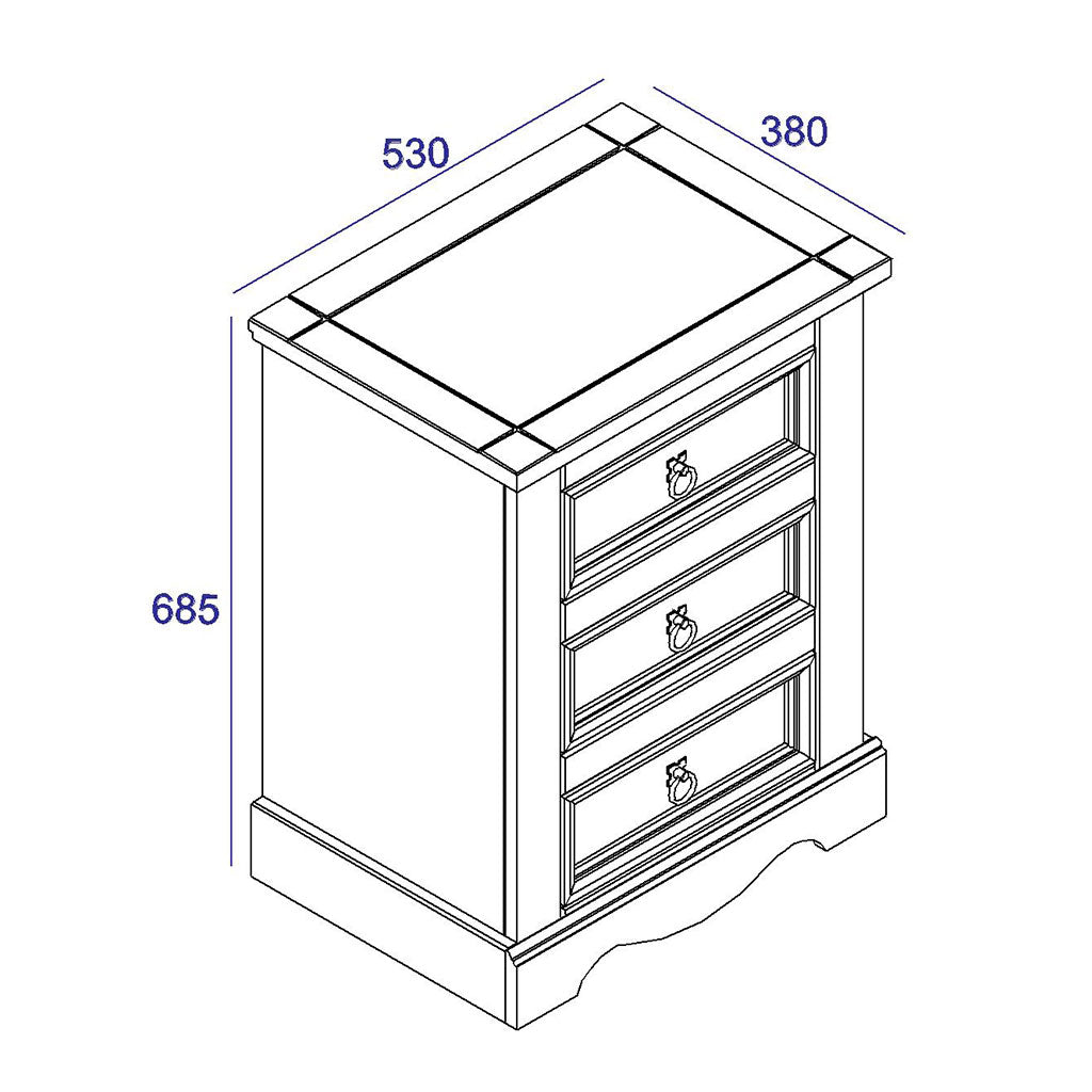 Wooden Bedside Cabinet 53cm Wide With 3 Drawers - Corona