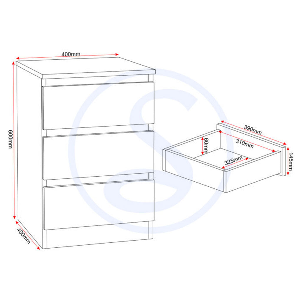 Wooden Bedside Cabinet With 3 Drawers in Set Of 2 - Malvern