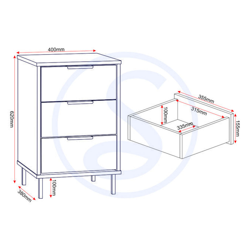 Wooden Bedside Cabinet 3 Drawers - Madrid