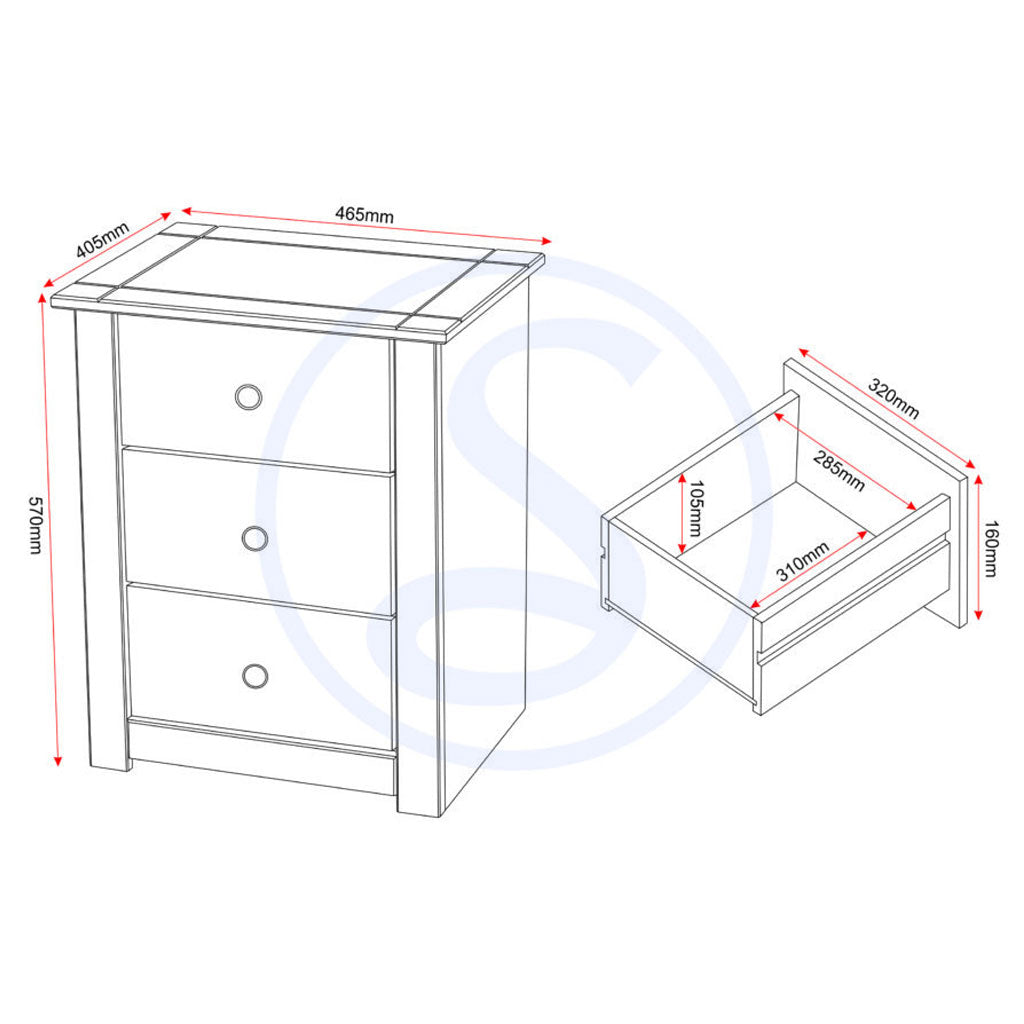 Wooden Bedside Cabinet With 3 Drawers - Panama