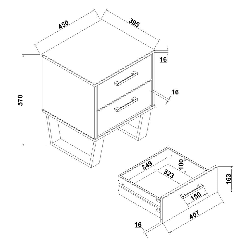 Wooden Bedside Cabinet With 2 Drawers - Texas