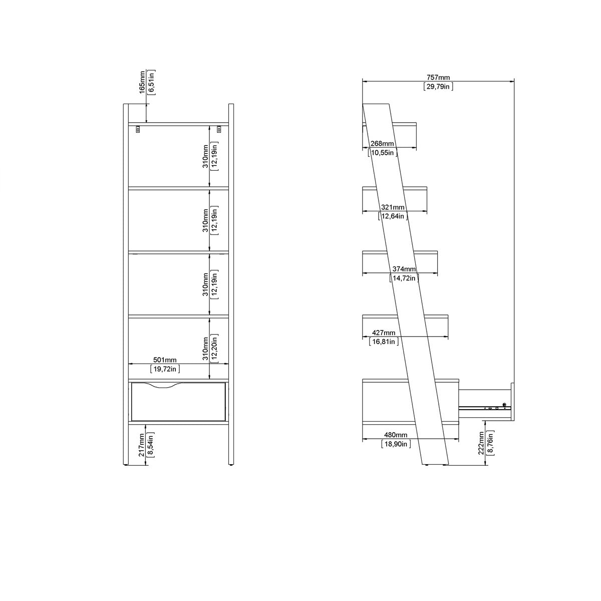 Wooden Bookcase With 1 Drawer in Leaning Ladder Design - Oslo