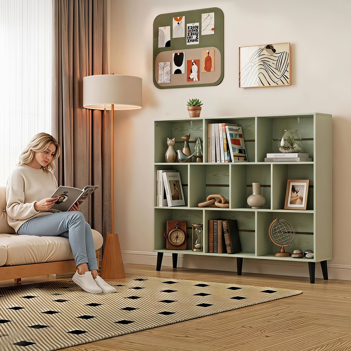 Wooden Bookcase 140cm Wide With 10 Compartments - Velmora