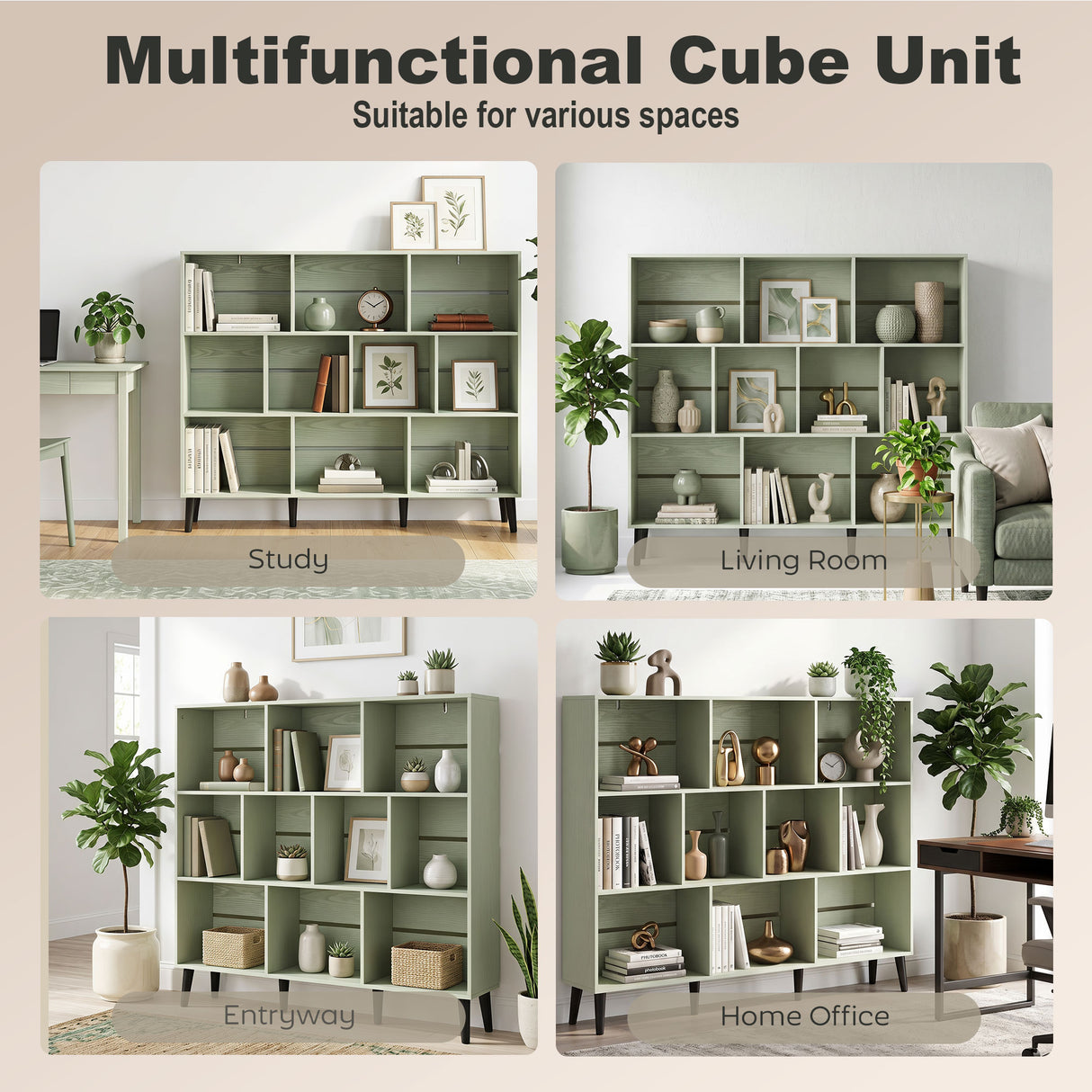 Wooden Bookcase 140cm Wide With 10 Compartments - Velmora