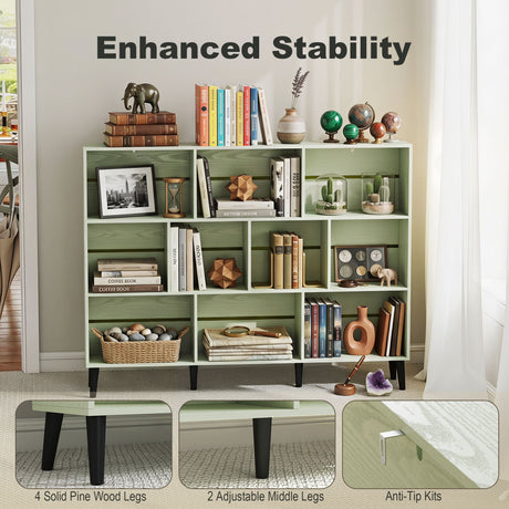Wooden Bookcase 140cm Wide With 10 Compartments - Velmora