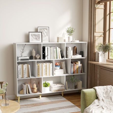 Wooden Bookcase 140cm Wide With 10 Compartments - Velmora