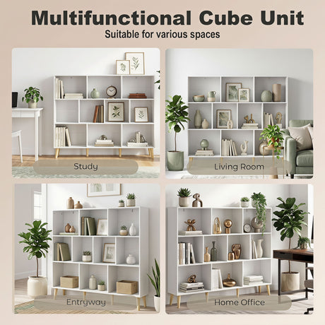 Wooden Bookcase 140cm Wide With 10 Compartments - Velmora