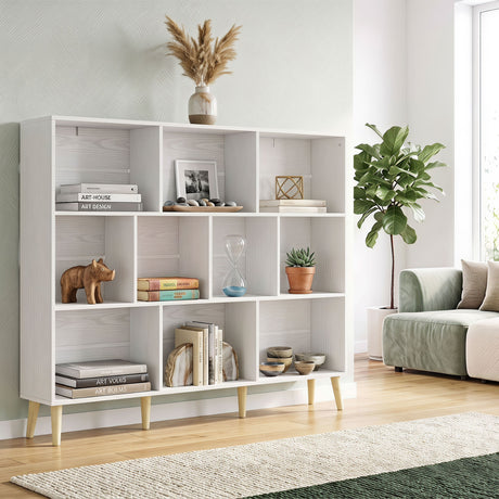 Wooden Bookcase 140cm Wide With 10 Compartments - Velmora