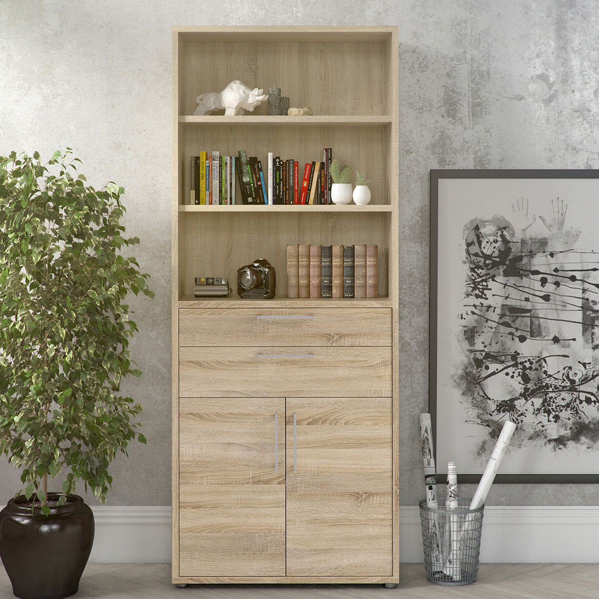 Wooden Bookcase With 3 Open Shelves 2 Doors And 2 Drawers - Prima