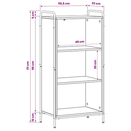 Wooden Bookcase 55.5cm Wide With 2 Shelves And Steel Frame - Vantage Home