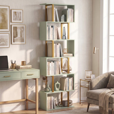 Wooden Bookcase 60cm Wide S-Shaped With 6 Shelves - Velmora
