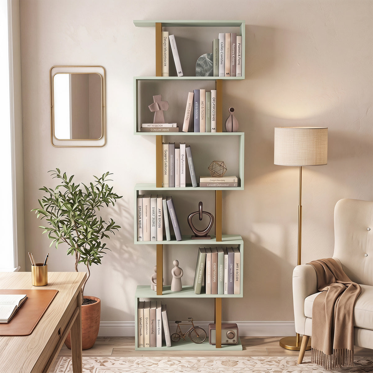 Wooden Bookcase 60cm Wide S-Shaped With 6 Shelves - Velmora