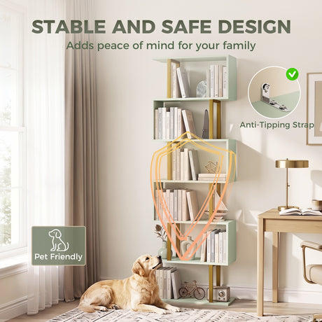 Wooden Bookcase 60cm Wide S-Shaped With 6 Shelves - Velmora