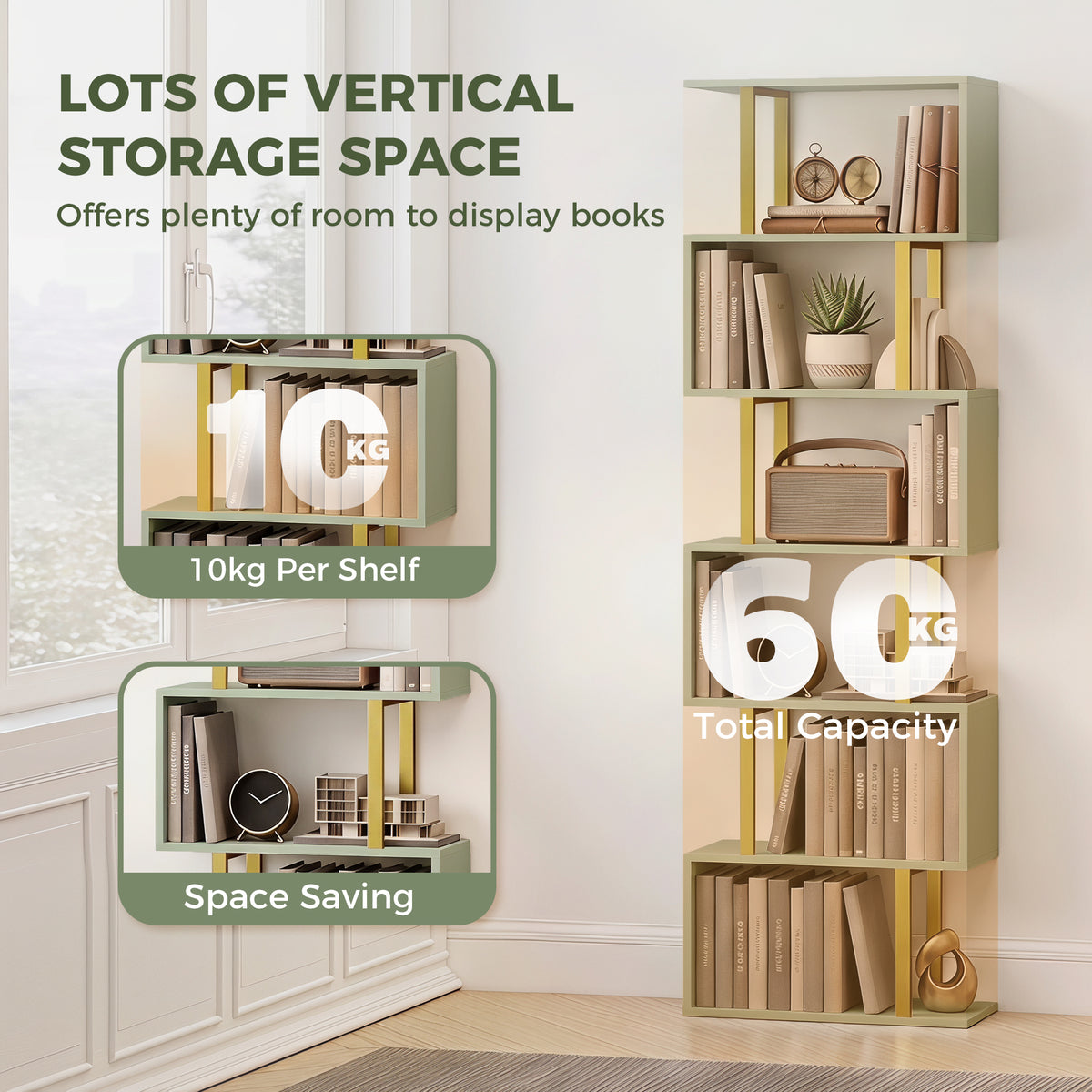 Wooden Bookcase 60cm Wide S-Shaped With 6 Shelves - Velmora