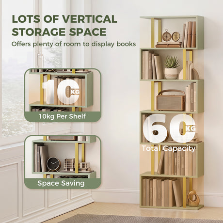 Wooden Bookcase 60cm Wide S-Shaped With 6 Shelves - Velmora
