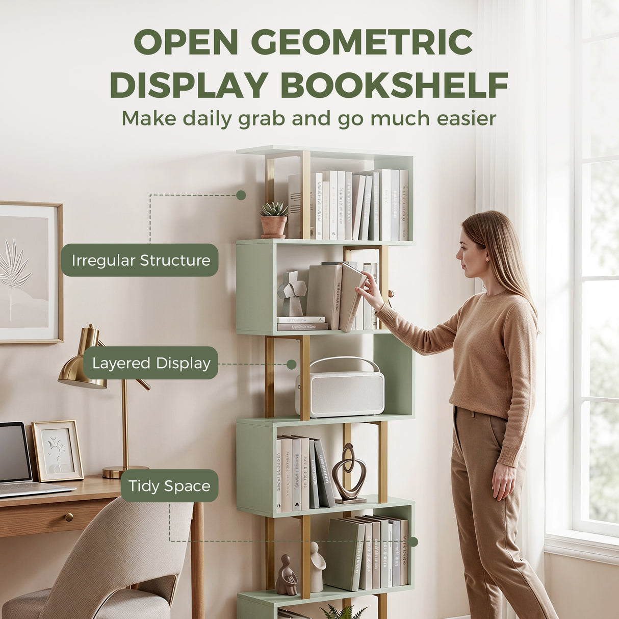 Wooden Bookcase 60cm Wide S-Shaped With 6 Shelves - Velmora