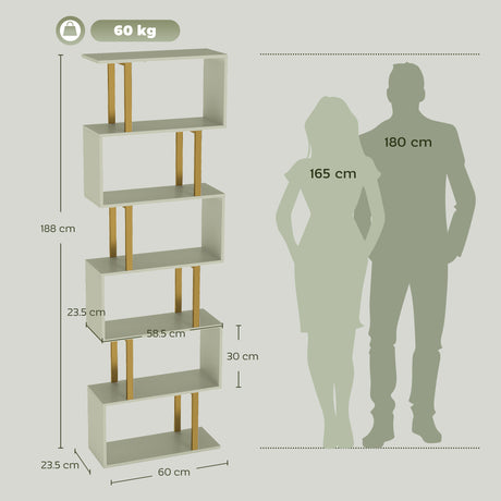 Wooden Bookcase 60cm Wide S-Shaped With 6 Shelves - Velmora