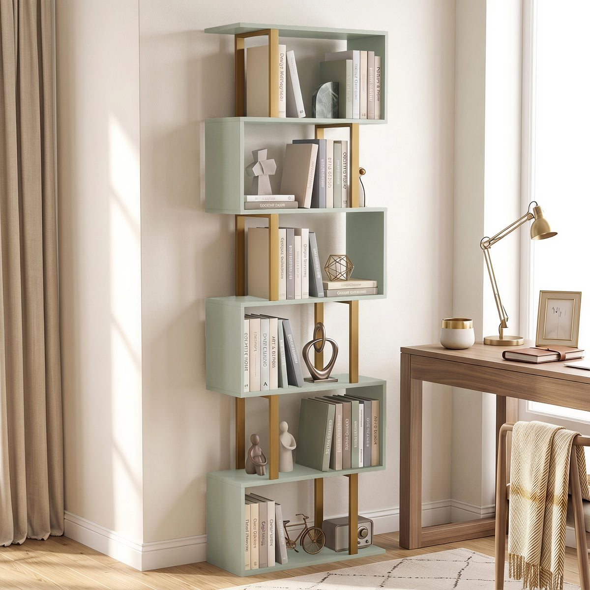 Wooden Bookcase 60cm Wide S-Shaped With 6 Shelves - Velmora