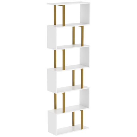 Wooden Bookcase 60cm Wide S-Shaped With 6 Shelves - Velmora