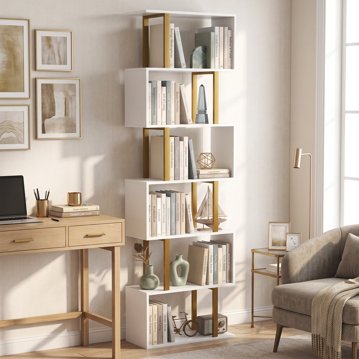 Wooden Bookcase 60cm Wide S-Shaped With 6 Shelves - Velmora