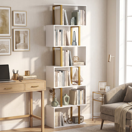 Wooden Bookcase 60cm Wide S-Shaped With 6 Shelves - Velmora
