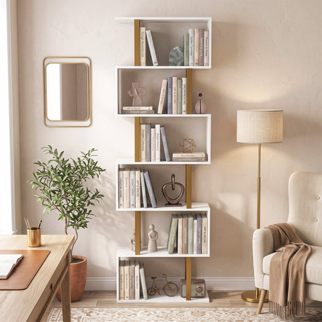 Wooden Bookcase 60cm Wide S-Shaped With 6 Shelves - Velmora