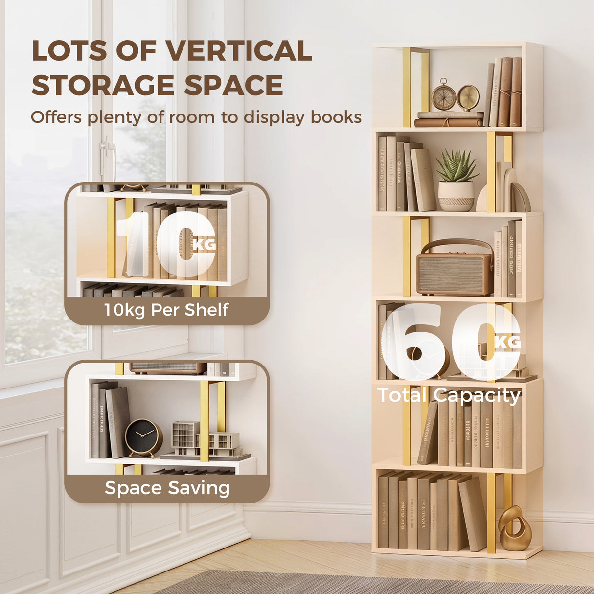 Wooden Bookcase 60cm Wide S-Shaped With 6 Shelves - Velmora