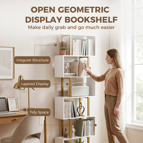 Wooden Bookcase 60cm Wide S-Shaped With 6 Shelves - Velmora