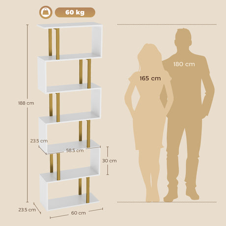 Wooden Bookcase 60cm Wide S-Shaped With 6 Shelves - Velmora