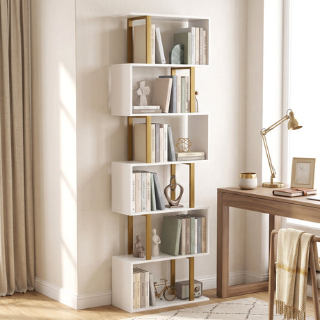 Wooden Bookcase 60cm Wide S-Shaped With 6 Shelves - Velmora