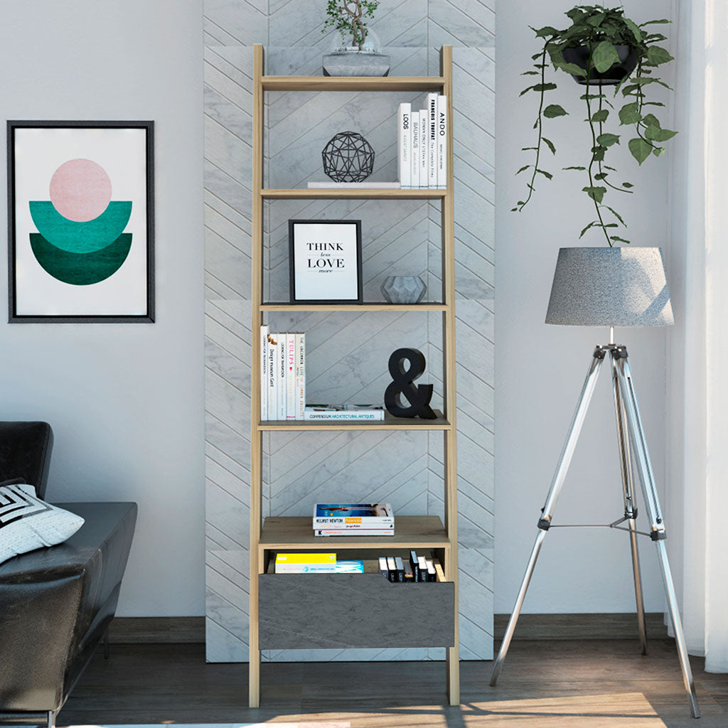Wooden Bookcase Ladder Design With 1 Drawer - Manhattan