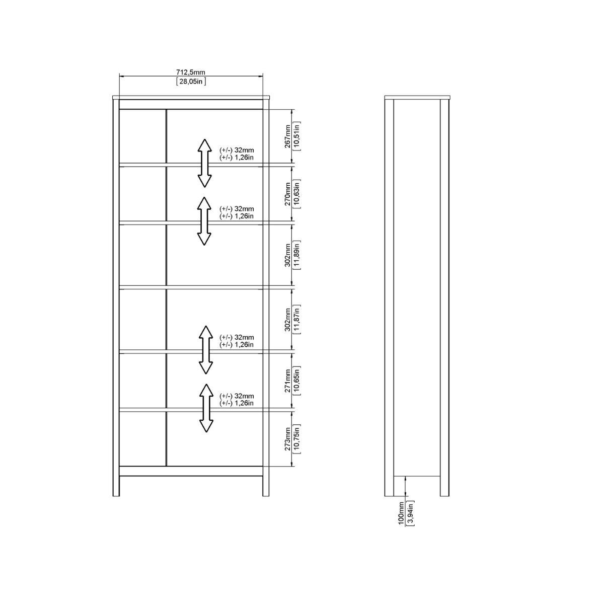 Wooden Bookcase Tall With 5 Shelves - Madrid
