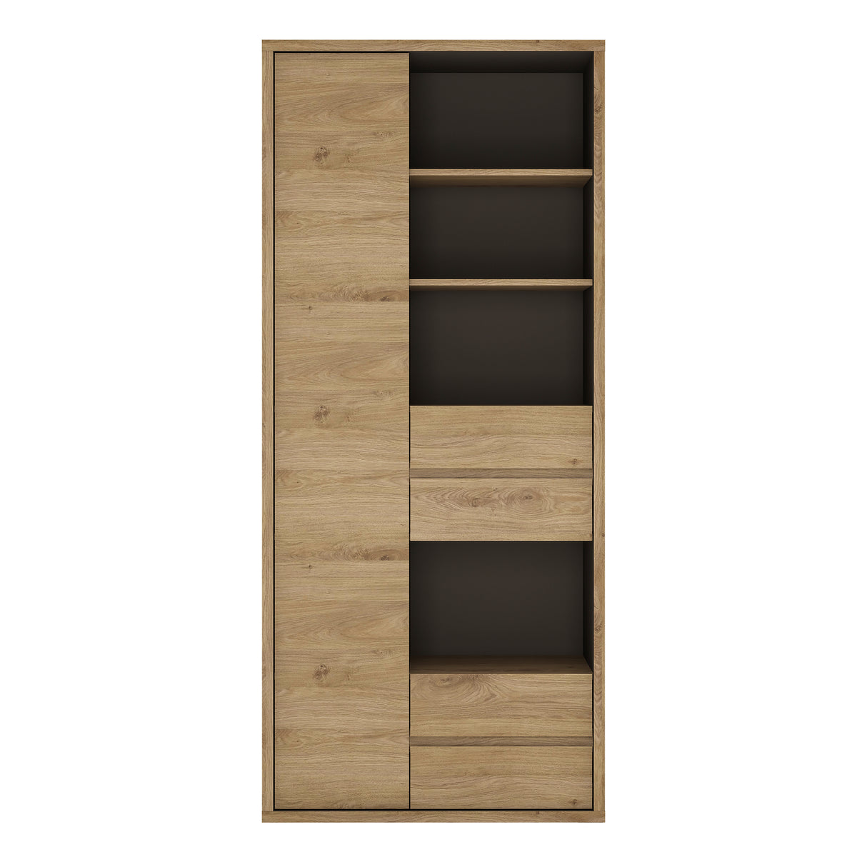 Wooden Bookcase Tall And Wide With 1 Door And 4 Drawers - Shetland