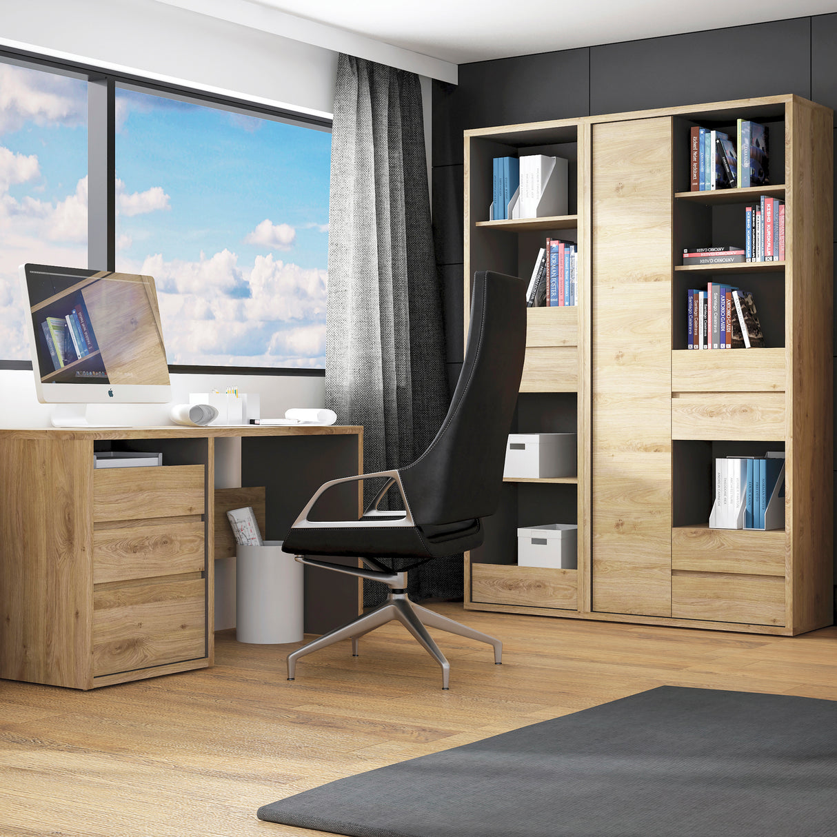 Wooden Bookcase Tall And Wide With 1 Door And 4 Drawers - Shetland