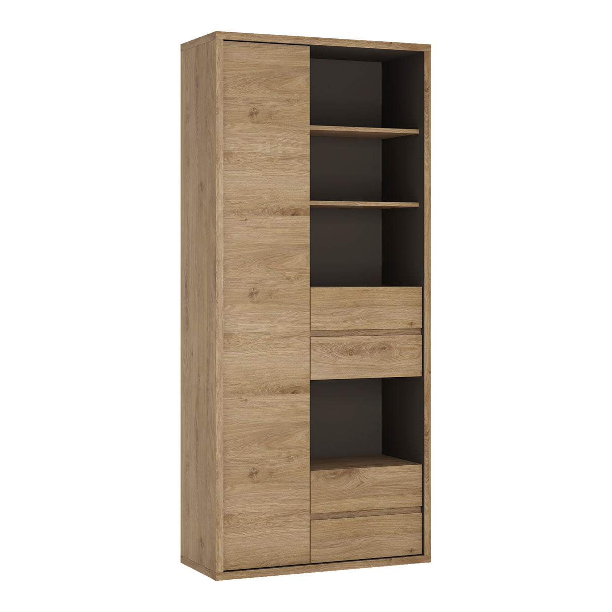 Wooden Bookcase Tall And Wide With 1 Door And 4 Drawers - Shetland