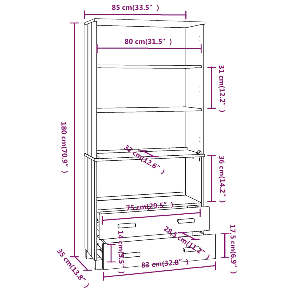 Wooden Bookcase With 4 Shelves And 2 Drawers - Hamar
